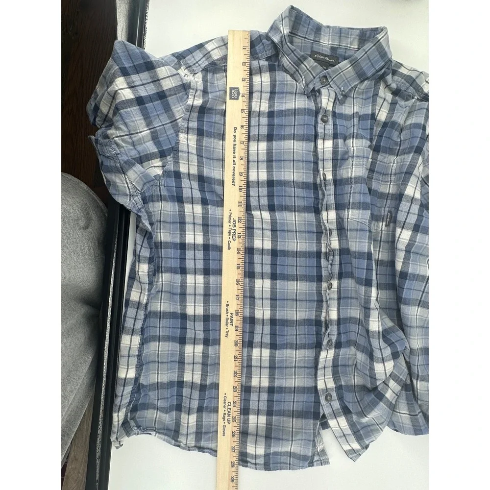 Eddie‎ Bauer Mens 2XL Blue White Plaid Short Sleeve Cotton Button Down Shirt